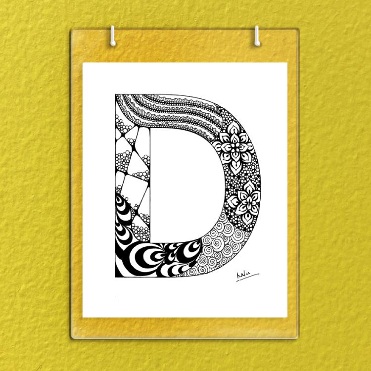 アルファベットアート “D”｜モノクロ手描きデザイン｜A4（高品質紙・キャンバス・アクリル）