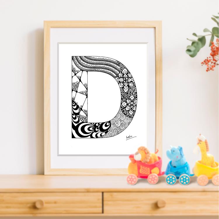 アルファベットアート “D”｜モノクロ手描きデザイン｜A4（高品質紙・キャンバス・アクリル） | 4枚目