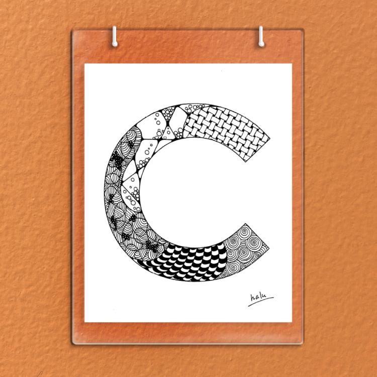 アルファベットアート “C”｜モノクロ手描きデザイン｜A4（高品質紙・キャンバス・アクリル）