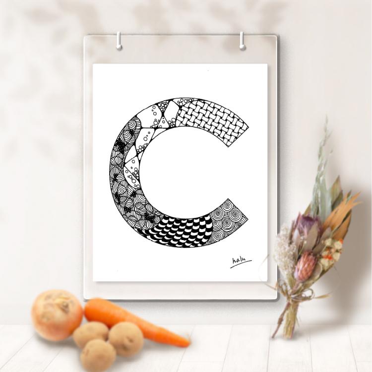 アルファベットアート “C”｜モノクロ手描きデザイン｜A4（高品質紙・キャンバス・アクリル） | 2枚目