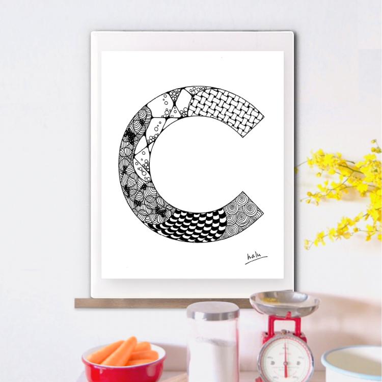 アルファベットアート “C”｜モノクロ手描きデザイン｜A4（高品質紙・キャンバス・アクリル） | 3枚目