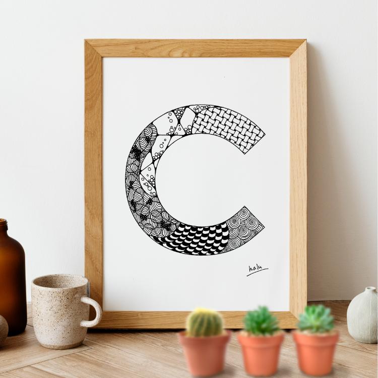 アルファベットアート “C”｜モノクロ手描きデザイン｜A4（高品質紙・キャンバス・アクリル） | 4枚目