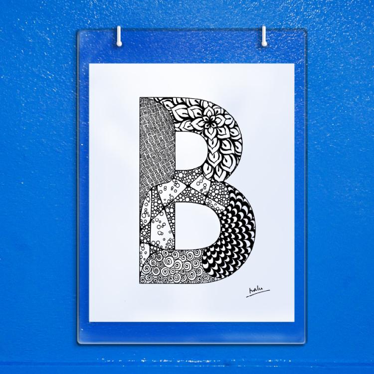 アルファベットアート “B”｜モノクロ手描きデザイン｜A4（高品質紙・キャンバス・アクリル）