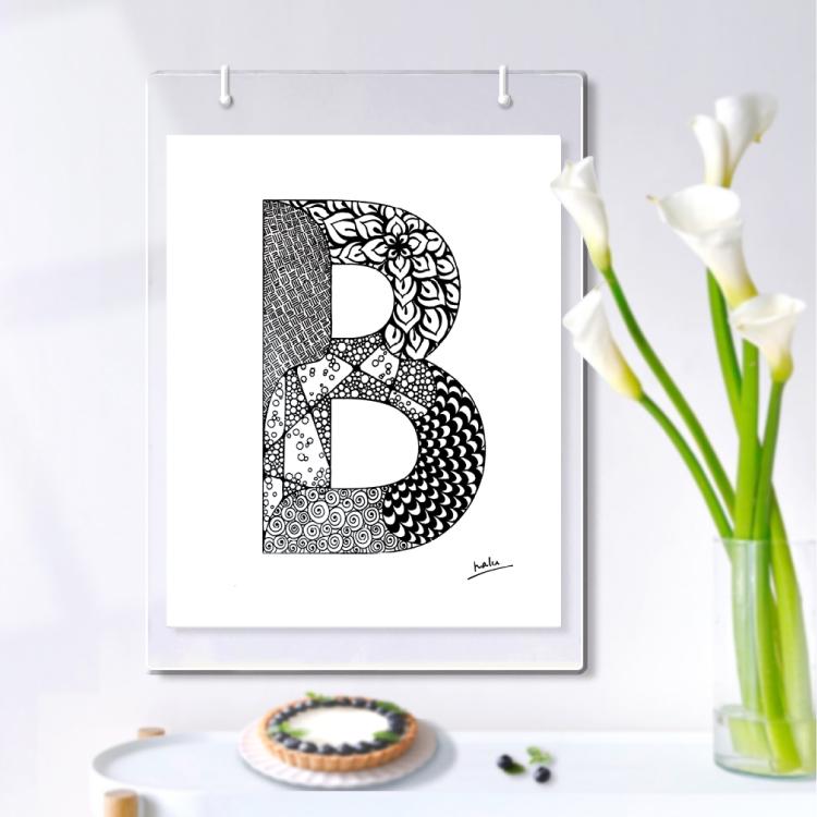 アルファベットアート “B”｜モノクロ手描きデザイン｜A4（高品質紙・キャンバス・アクリル） | 2枚目