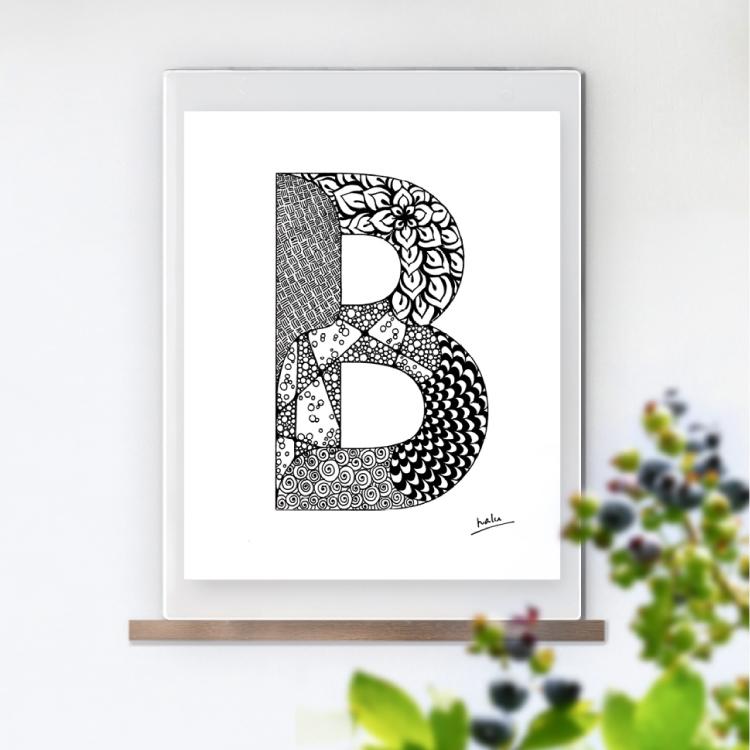 アルファベットアート “B”｜モノクロ手描きデザイン｜A4（高品質紙・キャンバス・アクリル） | 3枚目