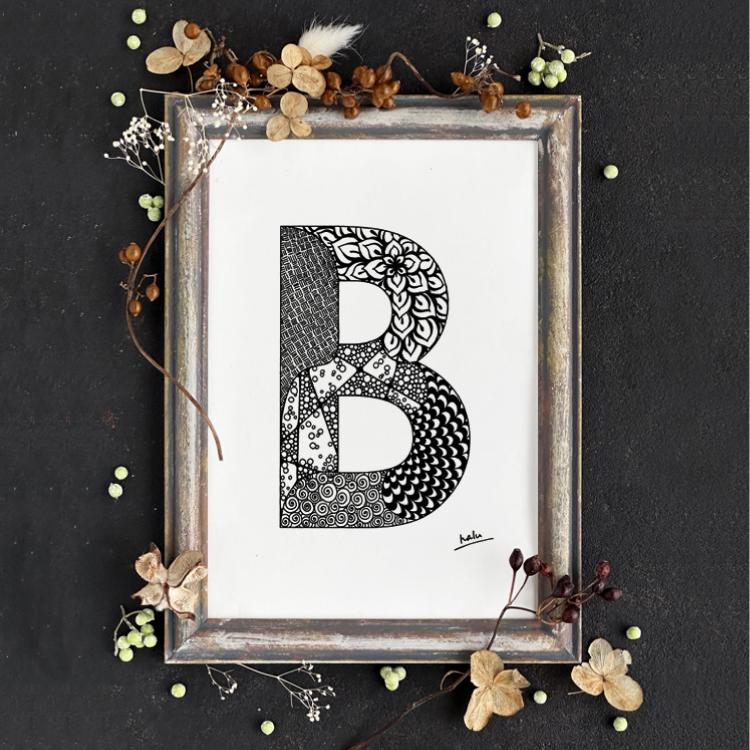 アルファベットアート “B”｜モノクロ手描きデザイン｜A4（高品質紙・キャンバス・アクリル） | 4枚目