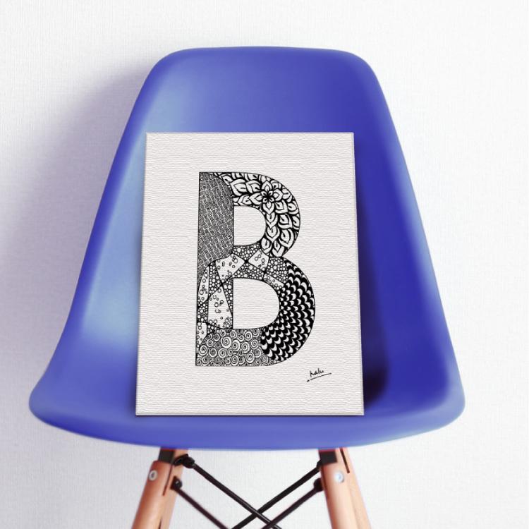 アルファベットアート “B”｜モノクロ手描きデザイン｜A4（高品質紙・キャンバス・アクリル） | 5枚目
