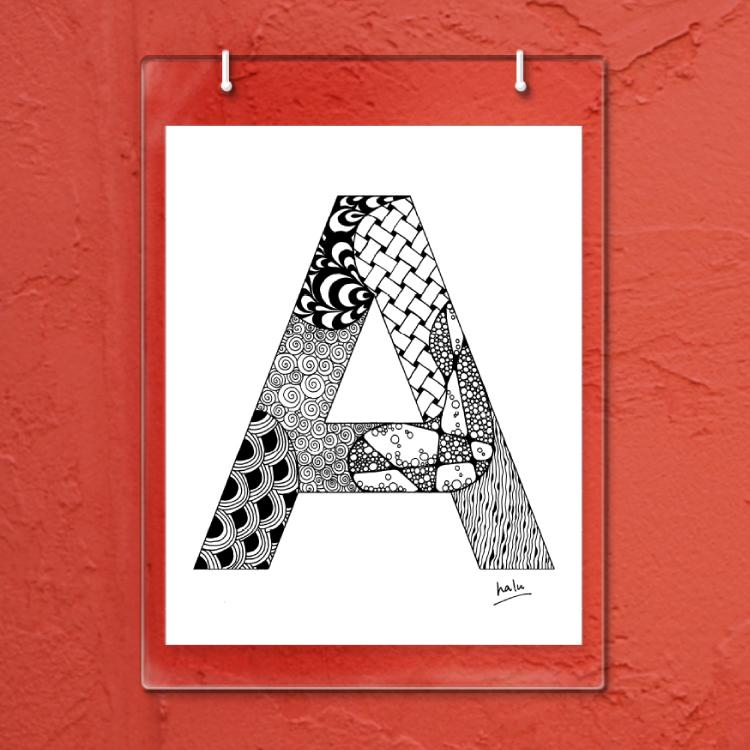 アルファベットアート “A”｜モノクロ手描きデザイン｜A4（高品質紙・キャンバス・アクリル）