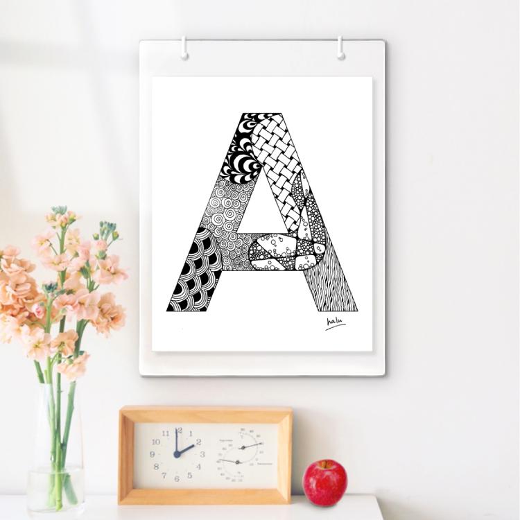 アルファベットアート “A”｜モノクロ手描きデザイン｜A4（高品質紙・キャンバス・アクリル） | 2枚目