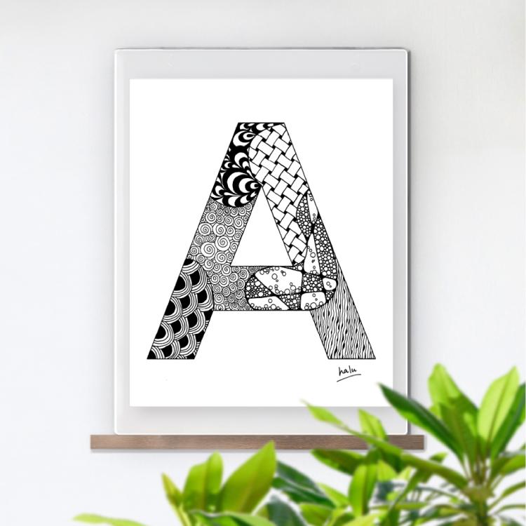 アルファベットアート “A”｜モノクロ手描きデザイン｜A4（高品質紙・キャンバス・アクリル） | 3枚目