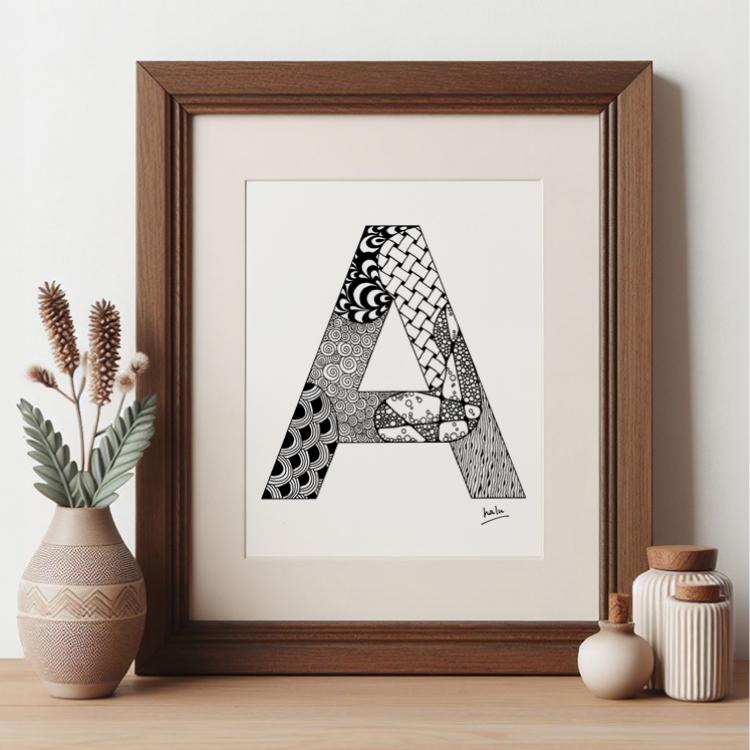 アルファベットアート “A”｜モノクロ手描きデザイン｜A4（高品質紙・キャンバス・アクリル） | 4枚目