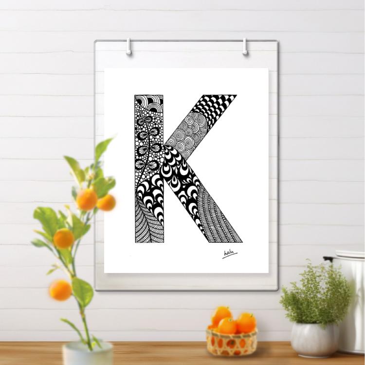 アルファベットアート “K”｜モノクロ手描きデザイン｜A4（高品質紙・キャンバス・アクリル） | 2枚目