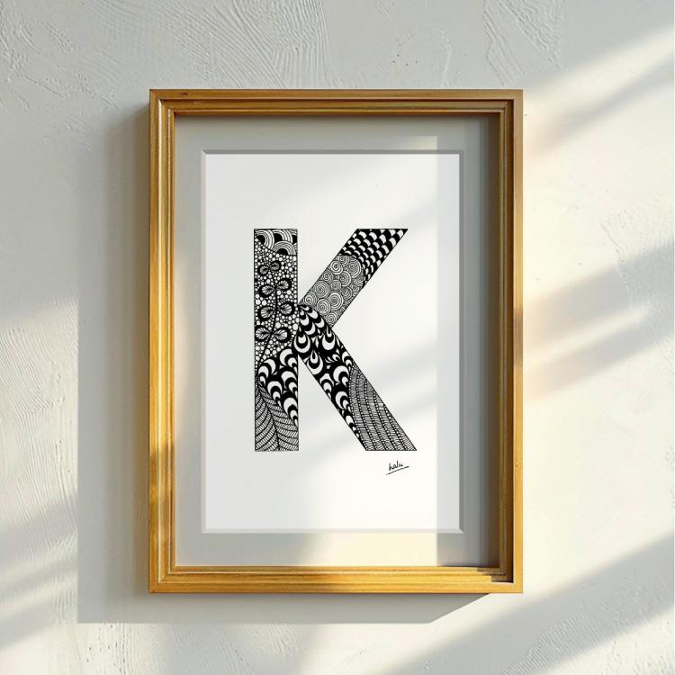 アルファベットアート “K”｜モノクロ手描きデザイン｜A4（高品質紙・キャンバス・アクリル） | 4枚目