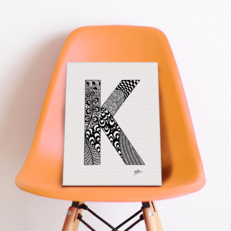 アルファベットアート “K”｜モノクロ手描きデザイン｜A4（高品質紙・キャンバス・アクリル） | 5枚目