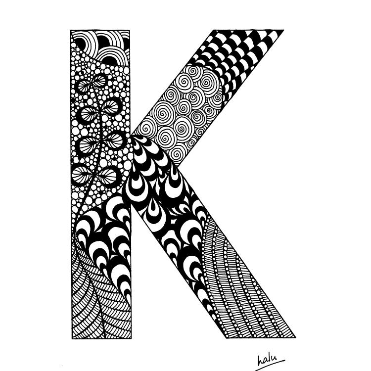 アルファベットアート “K”｜モノクロ手描きデザイン｜A4（高品質紙・キャンバス・アクリル） | 6枚目