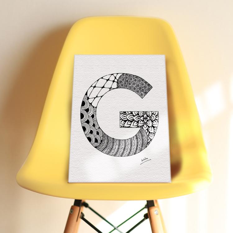 アルファベットアート “G”|モノクロ手描きデザイン|A4(高品質紙・キャンバス・アクリル) | 5枚目