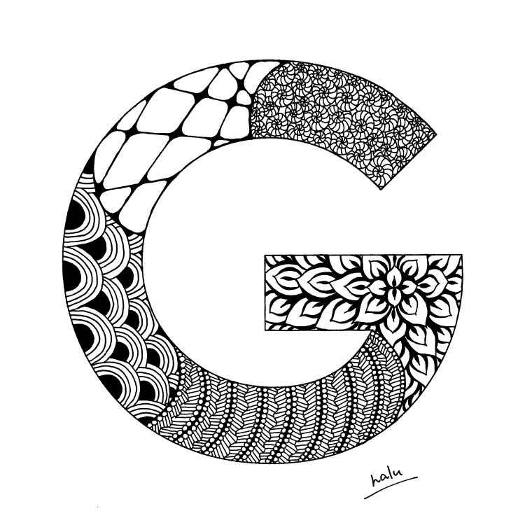 アルファベットアート “G”|モノクロ手描きデザイン|A4(高品質紙・キャンバス・アクリル) | 6枚目