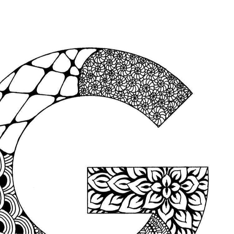 アルファベットアート “G”|モノクロ手描きデザイン|A4(高品質紙・キャンバス・アクリル) | 7枚目