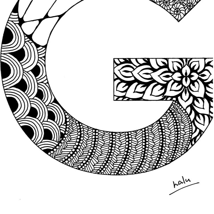 アルファベットアート “G”|モノクロ手描きデザイン|A4(高品質紙・キャンバス・アクリル) | 8枚目