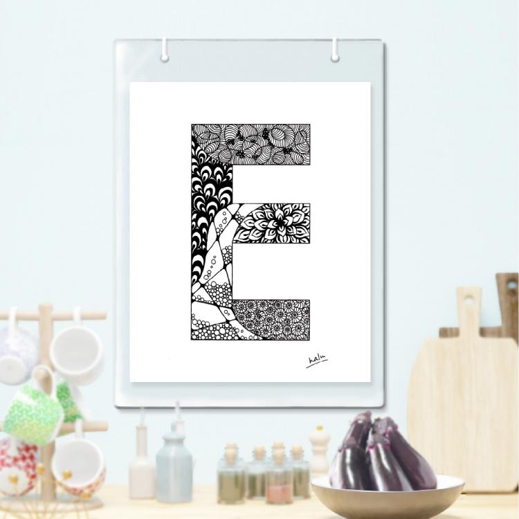アルファベットアート “E”|モノクロ手描きデザイン|A4(高品質紙・キャンバス・アクリル) | 2枚目