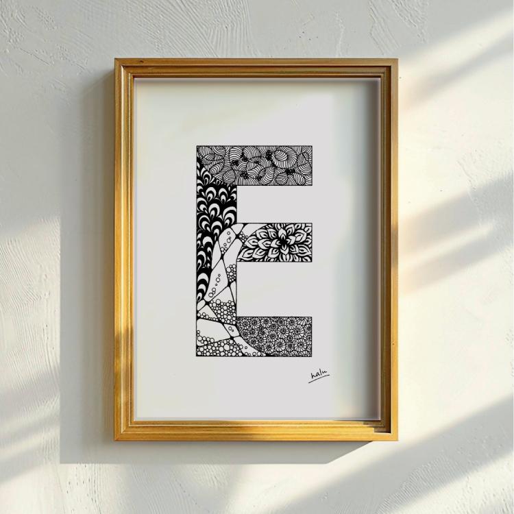アルファベットアート “E”|モノクロ手描きデザイン|A4(高品質紙・キャンバス・アクリル) | 4枚目