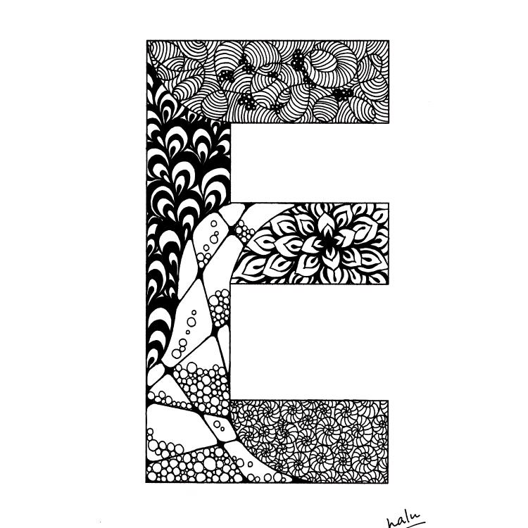 アルファベットアート “E”|モノクロ手描きデザイン|A4(高品質紙・キャンバス・アクリル) | 6枚目
